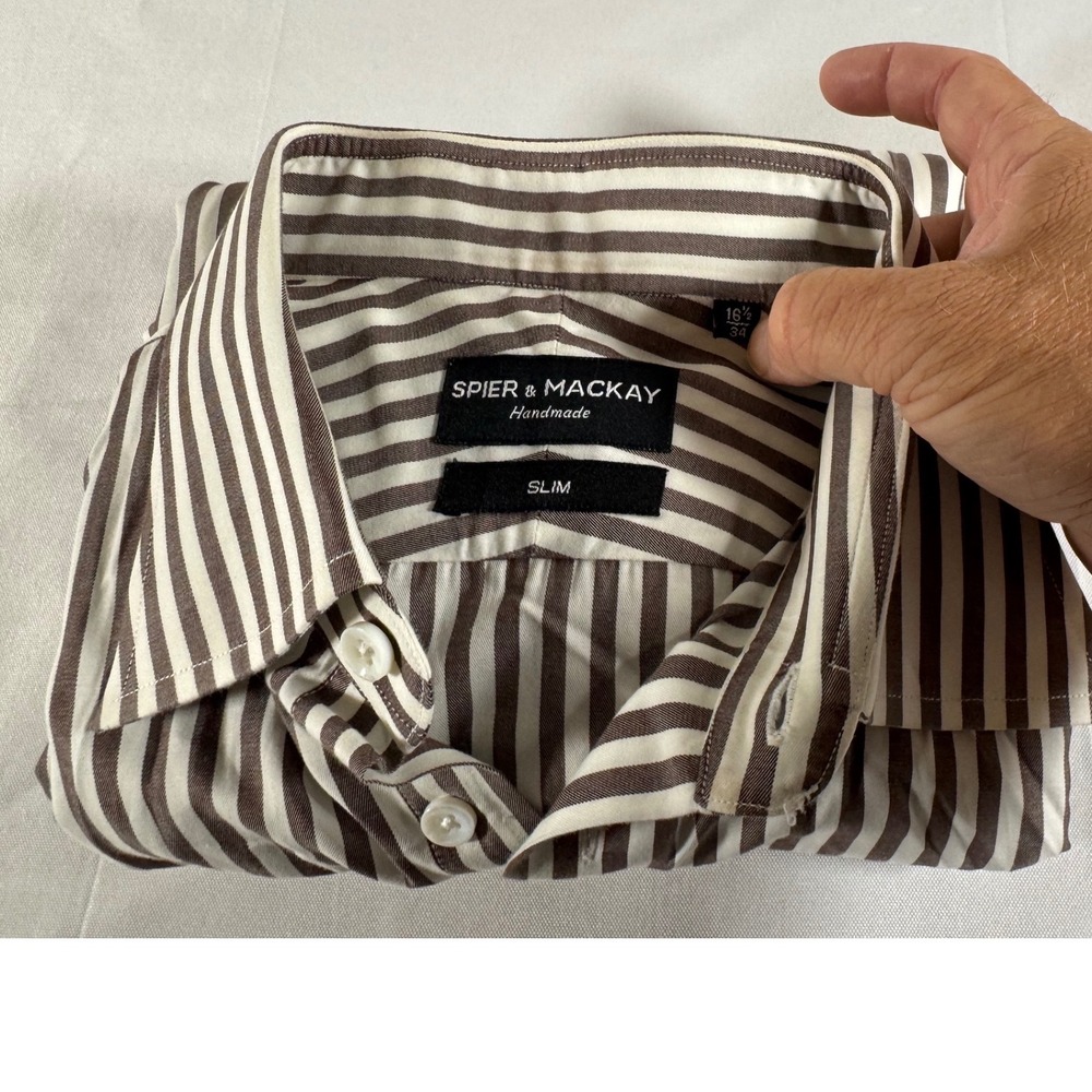 Spier & Mackay Slim Fit Dress Shirt Brown White Stripe 16.5 34 Handmade Mens